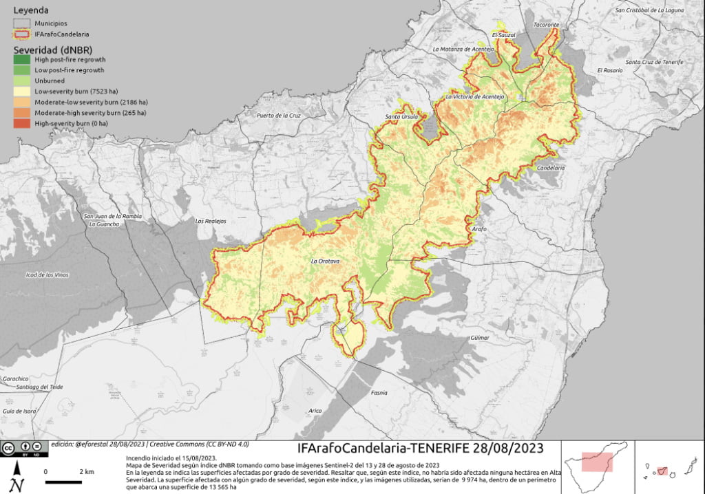 Betroffene Fläche Waldbrand auf Teneriffa